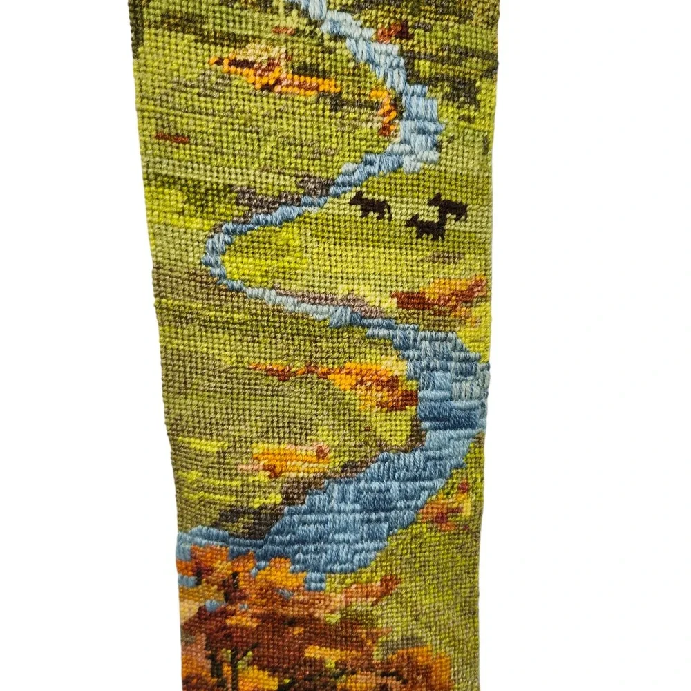 Vintage Needlepoint Bell Pull Wall Hanging Waterfall Landscape Wood Dowel 35x6